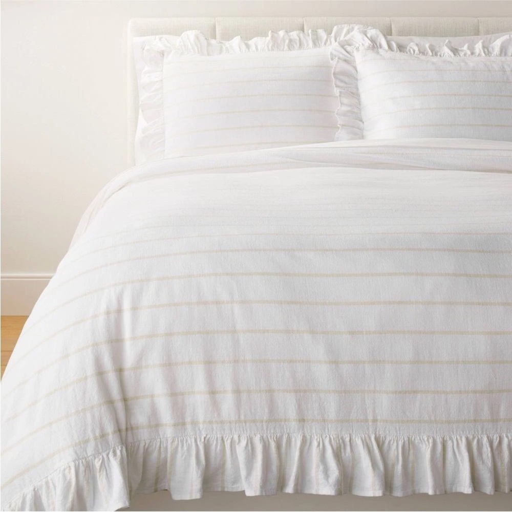 Studio McGee Duvet Cover Set Cotton Slub, White/Khaki, Full/Queen